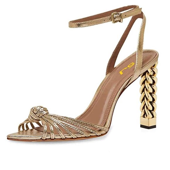 FSJ Shoes - FSJ Bows Open Toe Sandals Gold Block Heels New Size 8